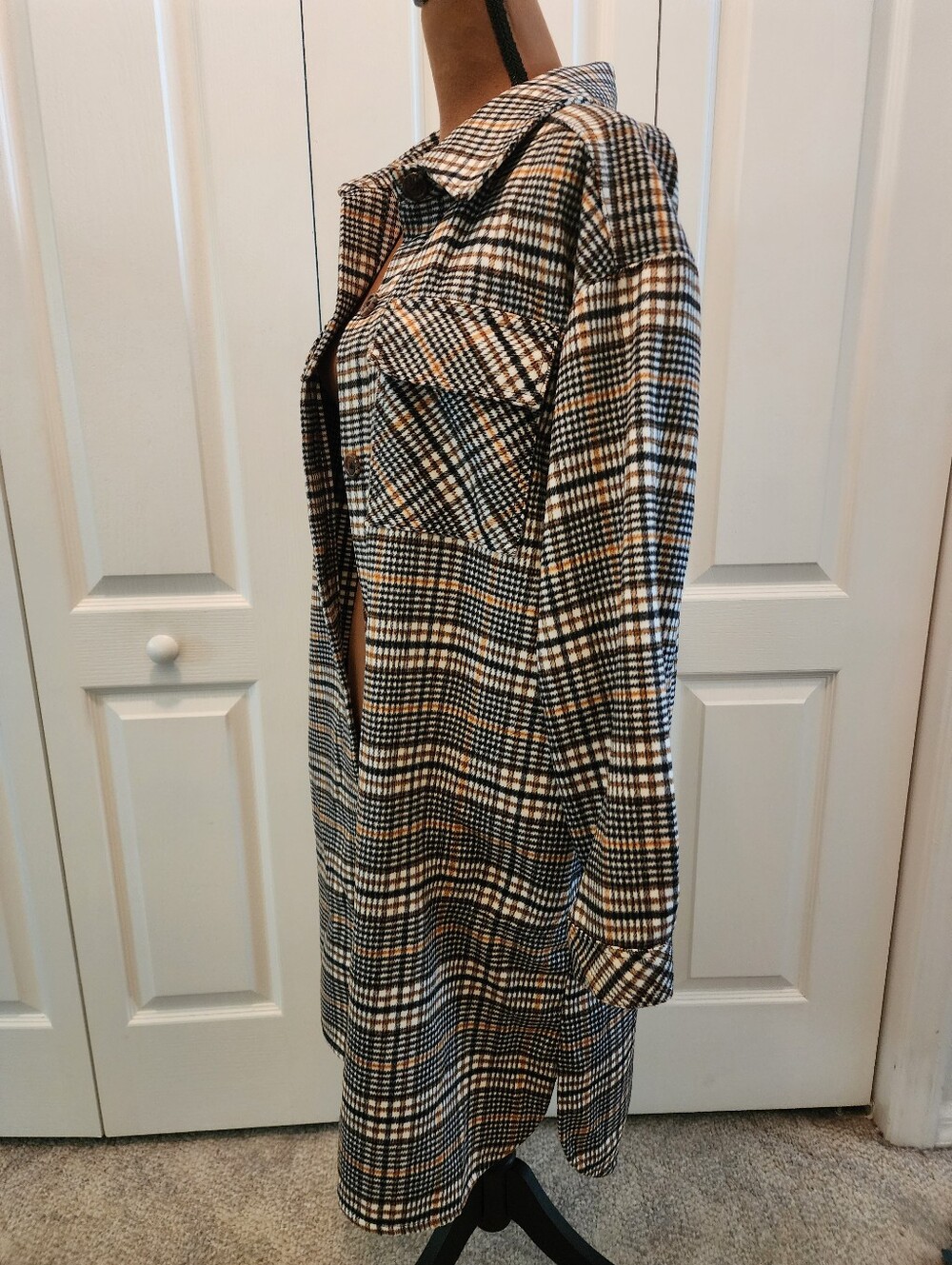 Lagenlook Checked Plaid Longline Shacket Shirt Jacket - Brown, Black & Cream - Picture 7 of 9